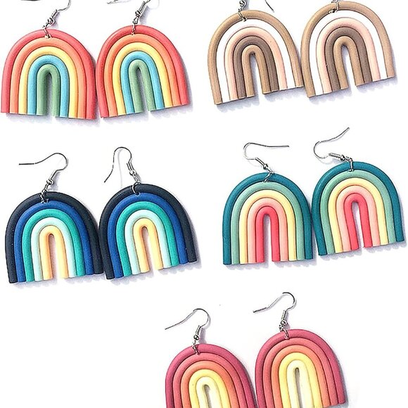 Jewelry - 4 Pairs Handmade Rainbow Ceramic Clay Dangle Earrings Set Bohemian Colorful Cand